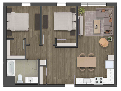 Floor plan for 2 beds, 1 bath